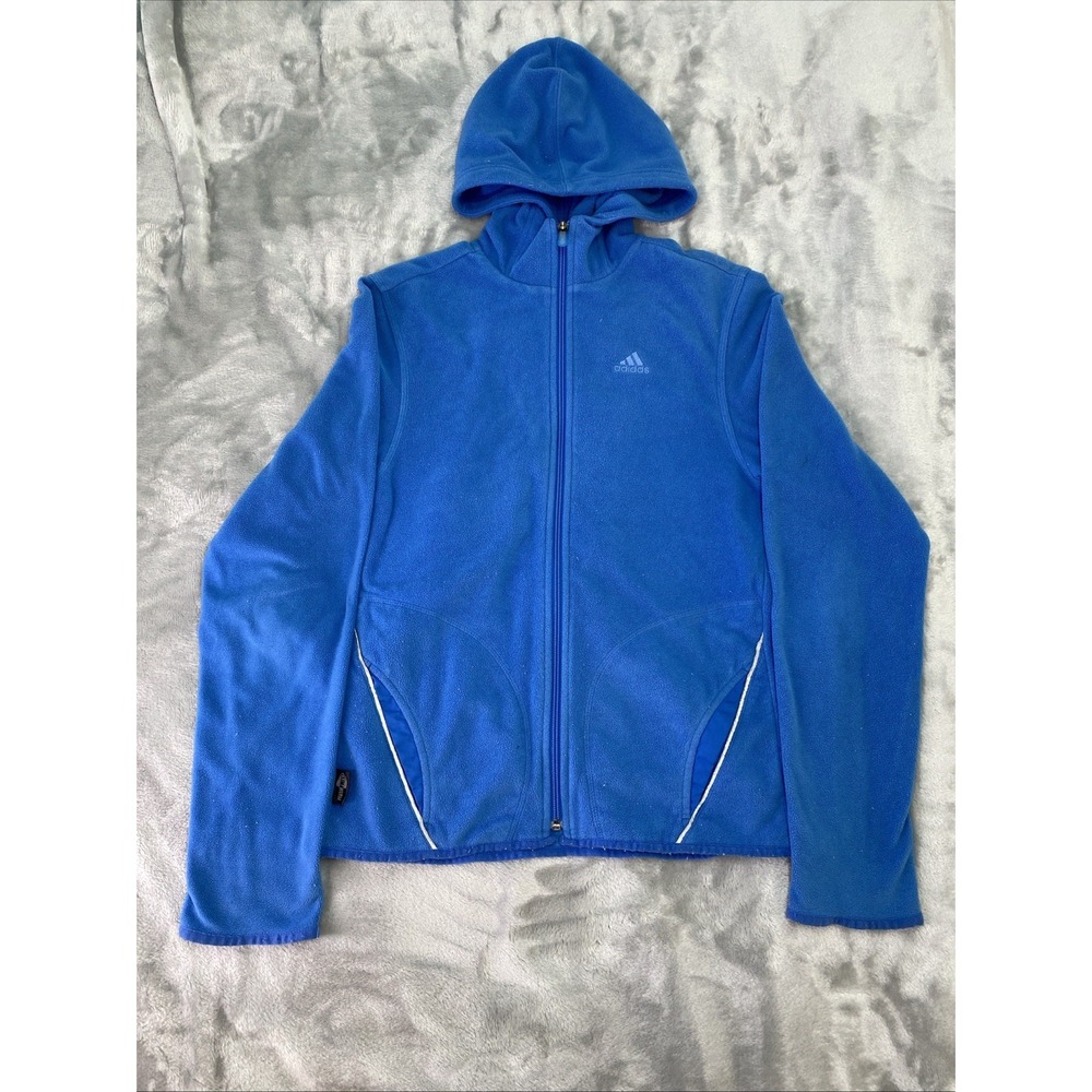 Adidas ClimaWarm Fleece Jacket Women M Blue Full Zip‎ Hooded 3 Stripes 379635